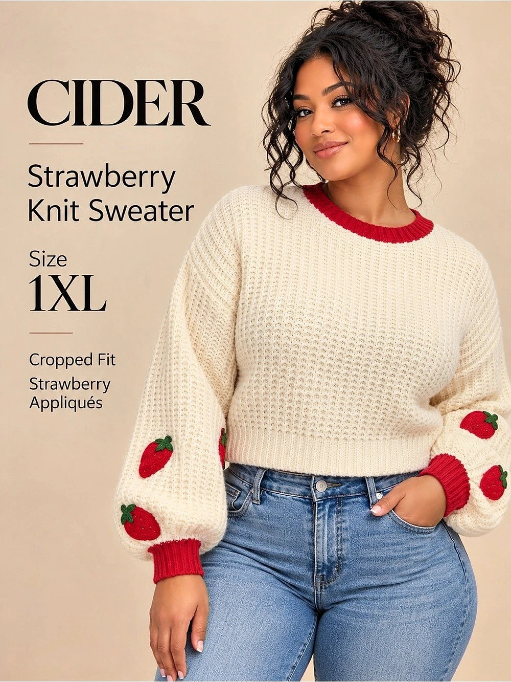 CIDER Strawberry Appliqué Cropped Knit Sweater Cream Red 1XL NWT